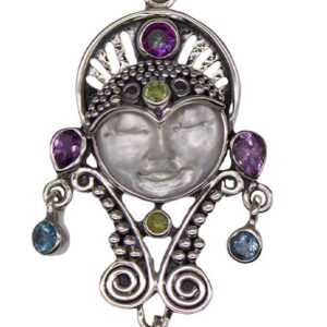 Amethst, Mother of Pearl Face, Qtz, Peridot, Blue Topaz pendant