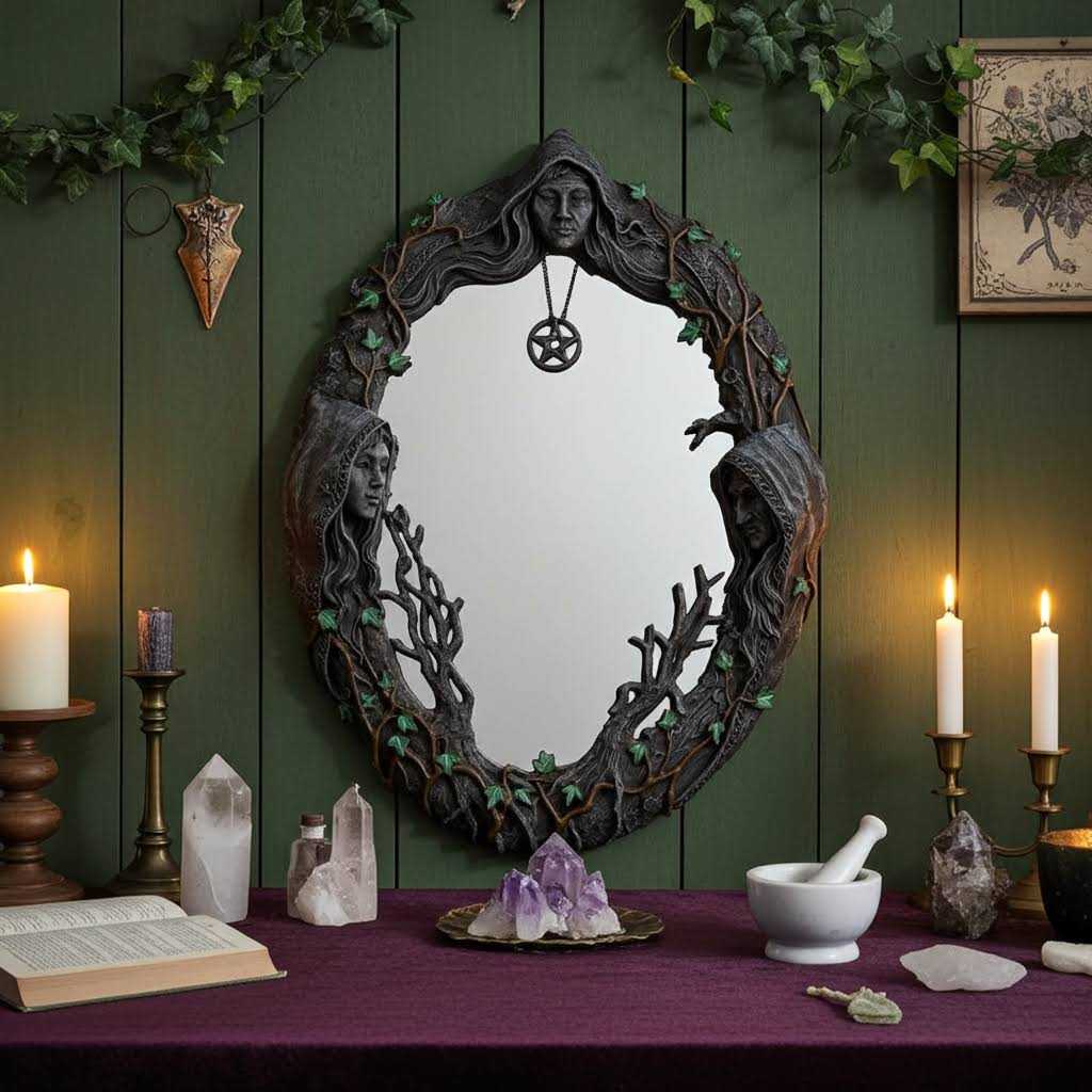 maiden mother crone mirror with pentacle