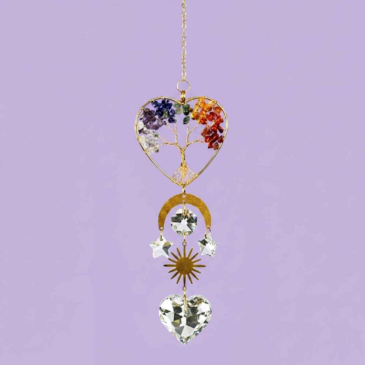 chakra heart suncatcher with star and round glass crystals