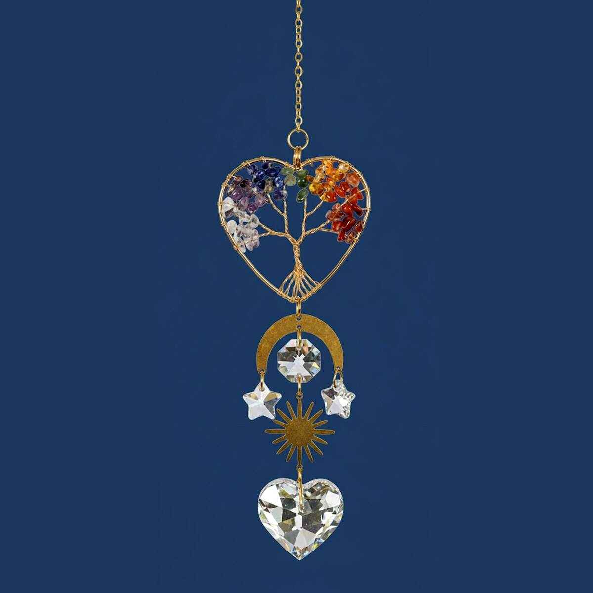 crystal chakra heart suncatcher with moon and sun charms