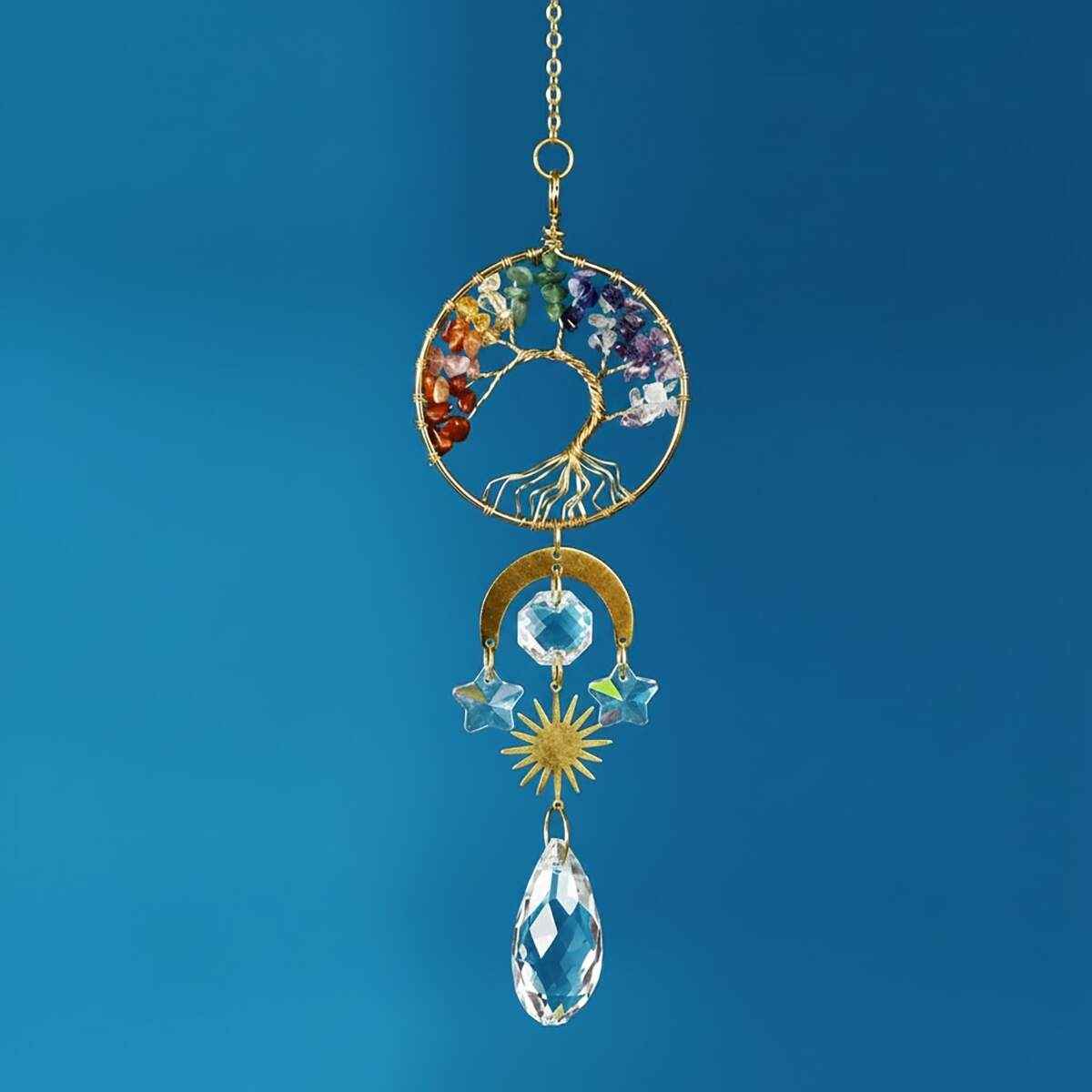 chakra tree of life suncatcher with real stones and moon accent