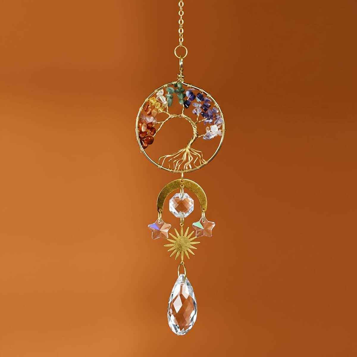 wire wrapped chakra tree of life suncatcher with teardrop crystal