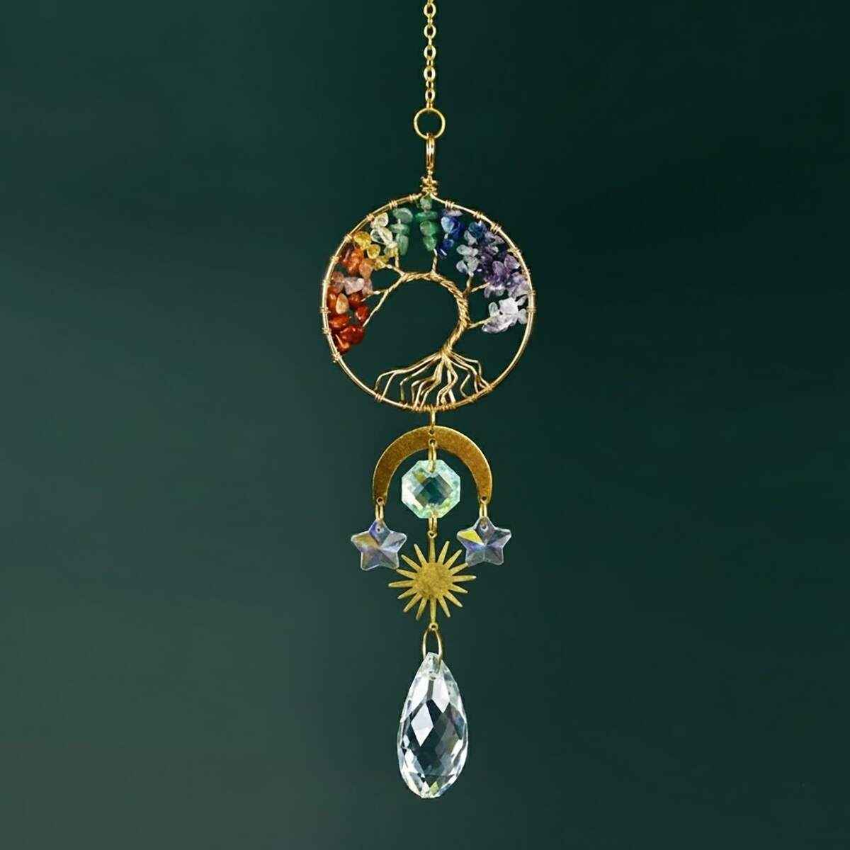 crystal chakra tree of life suncatcher with moon and stars