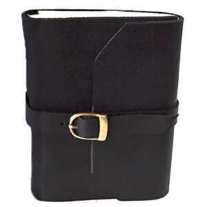 black leather bound journal with buckle