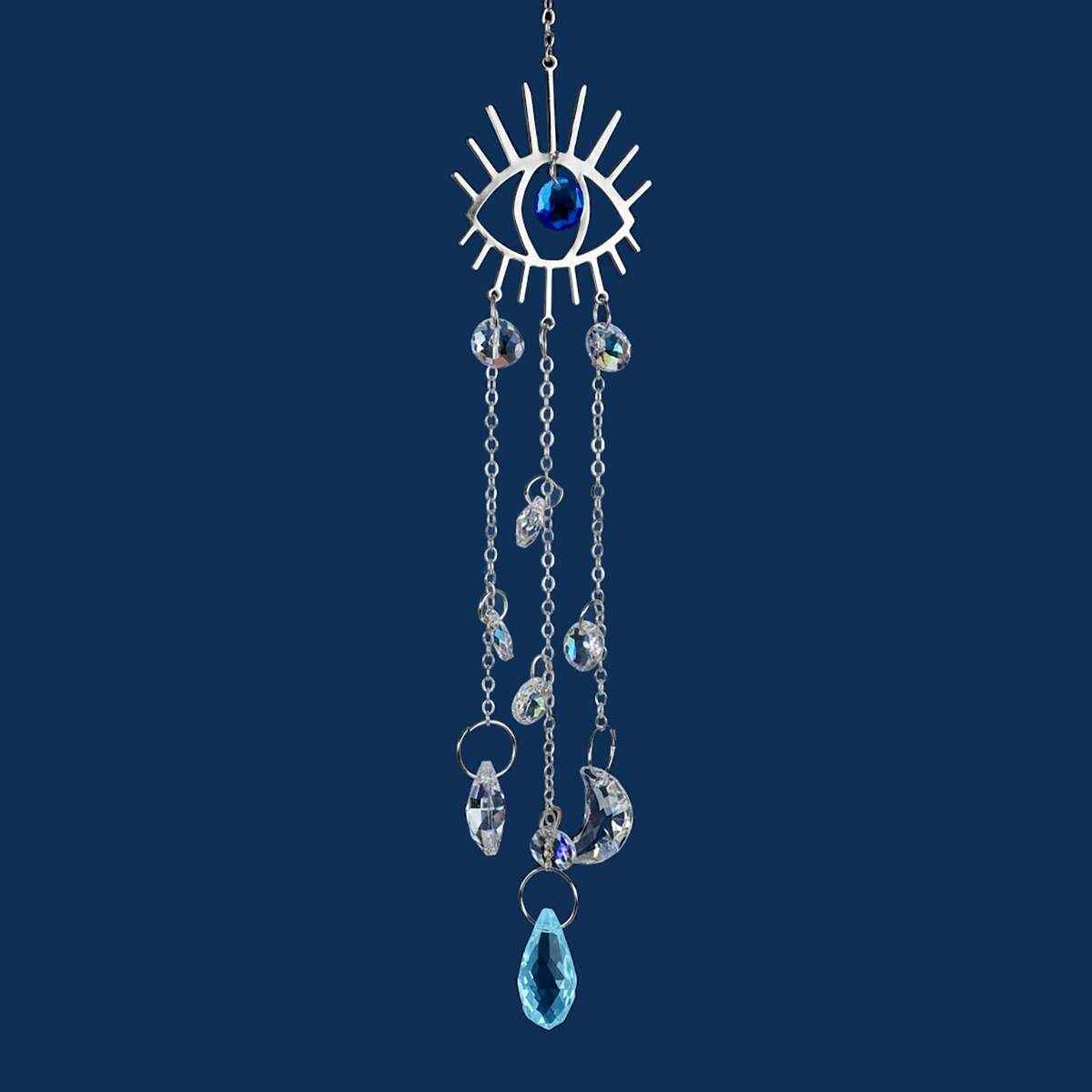 blue evil eye suncatcher 12 inch with round and star crystals