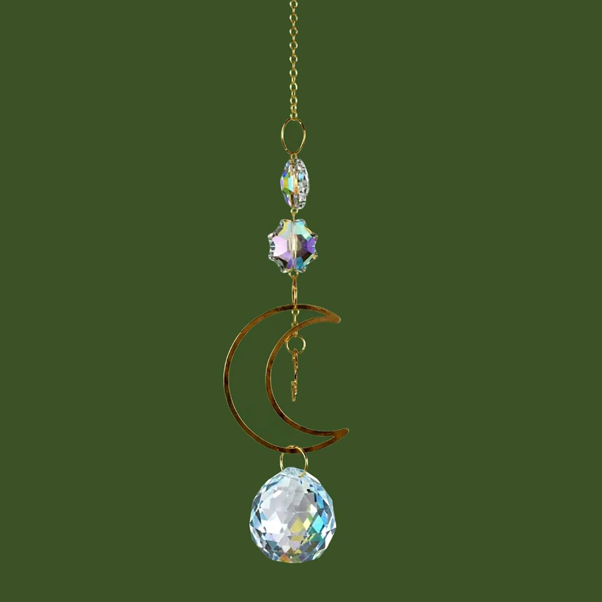 gold tone moon suncatcher 11 inches with prisms and charms