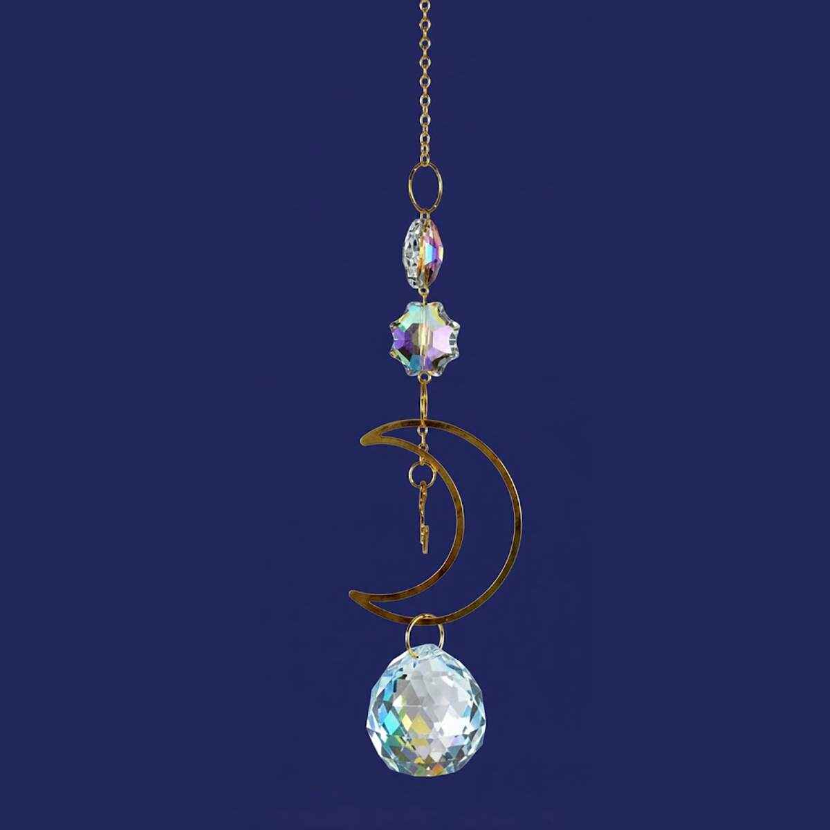 11 inch gold tone crescent moon suncatcher with cut glass prisms