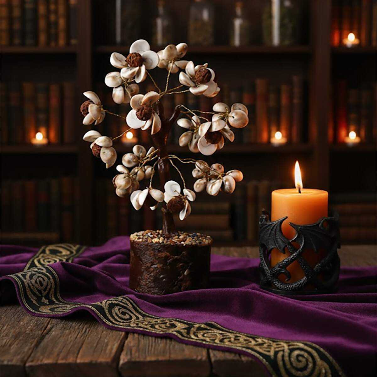 good luck tree with shells and rudraksha beads