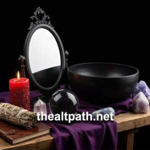 Black scrying mirror and scrying bowl