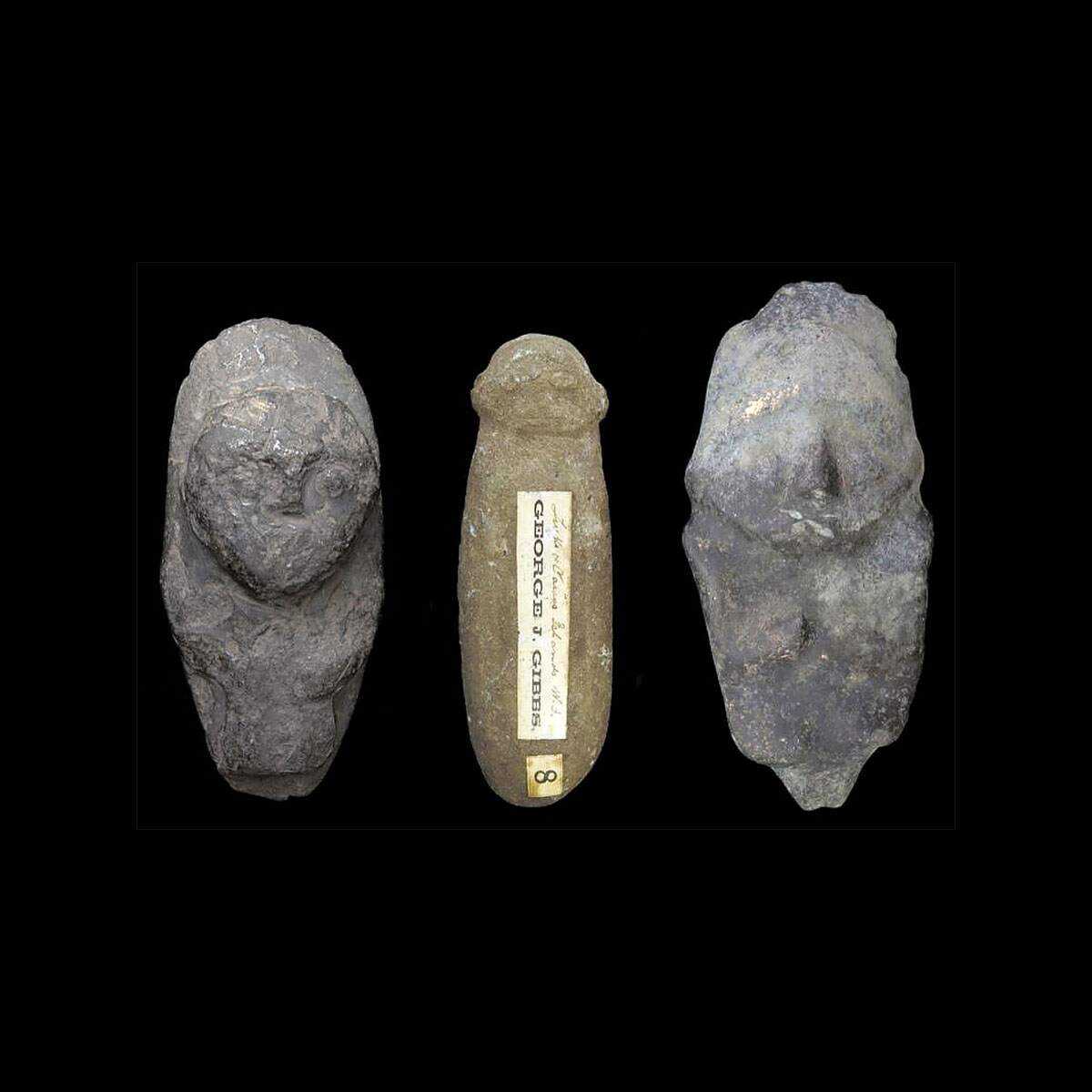 Set of three small carved Caldragh magic figurines. Iron Age