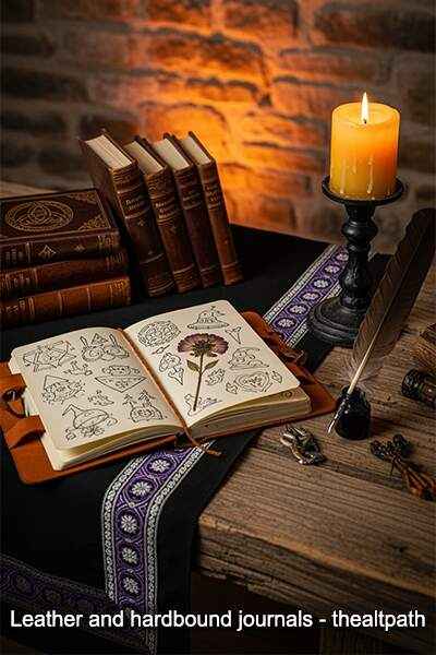 Leather journals for sale stacked on a table with one open showing drawings and pressed flowers in a witchy room.