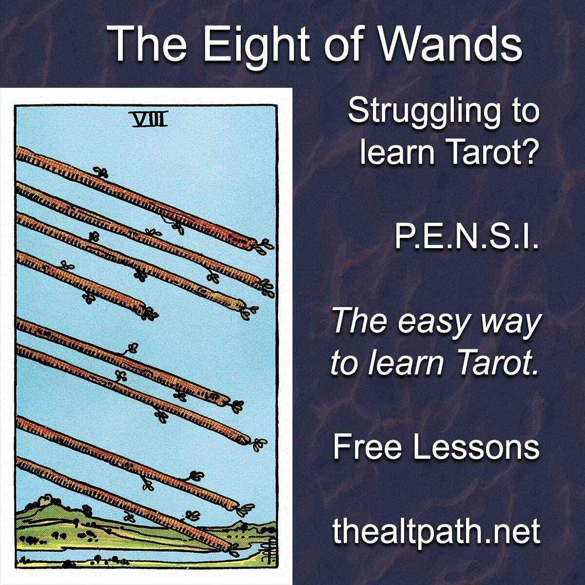 Eight of Wands meaning free tarot lessons, rider waite eight of wands displaying.