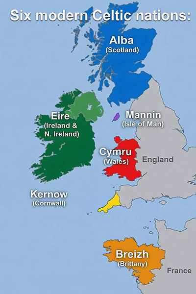 A map of six modern Celtic nations and origins of Celtic pagan holidays.