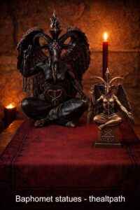Two Baphomet statues in different sizes on a red altar cloth with candlelight