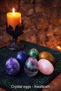 Crystal eggs for sale online shown on a wooden altar with candlelight