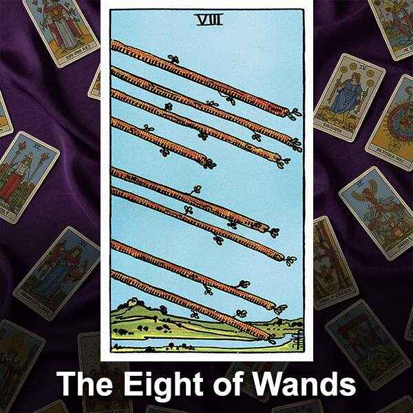 eight of wands rider waite tarot deck showing, free tarot lessons
