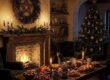 A pagan home during Yule with a Yule log, Yule wreath, traditional feast and modern holiday tree decorated pagan-style.