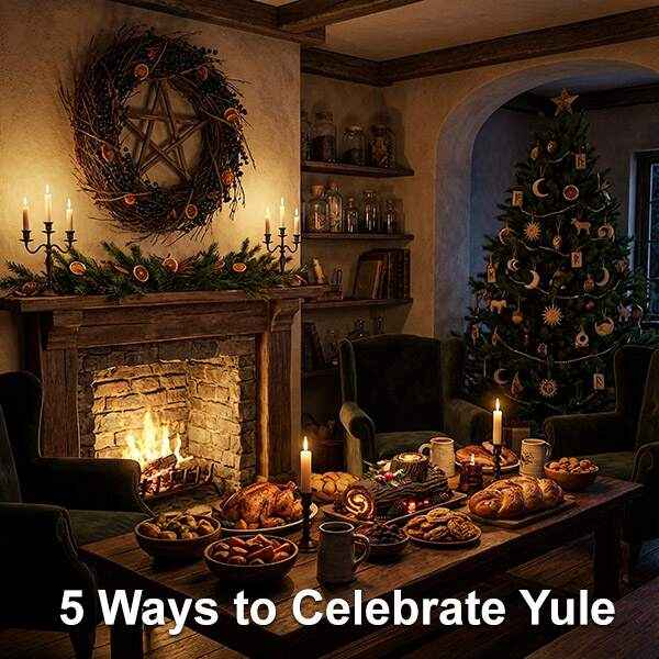A pagan home during Yule with a Yule log, Yule wreath, traditional feast and modern holiday tree decorated pagan-style.