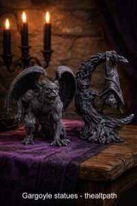 Winged gargoyle statue and hanging bat statue on a gothic altar table