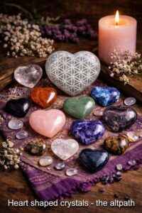 Heart shaped crystals and stones arranged on a wooden altar with a pink candle.