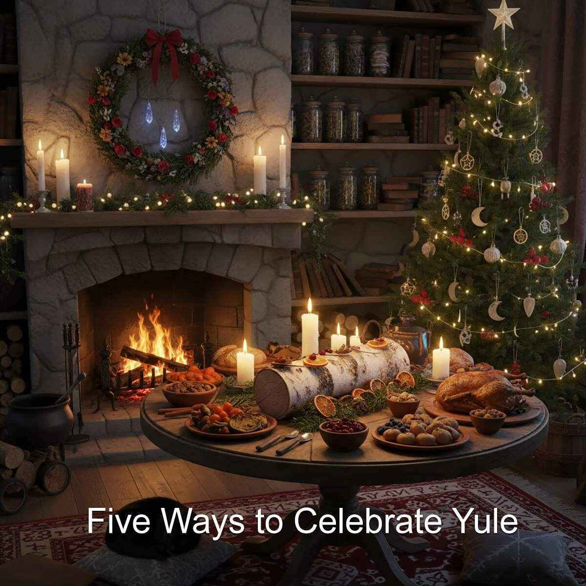 A pagan home during Yule with a Yule log, Yule wreath, traditional feast and modern holiday tree decorated pagan-style.