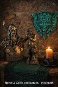 Norse god statues and Celtic god statues arranged on an altar table with Odin bust and Green Man plaque.
