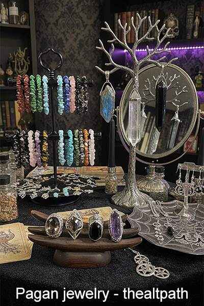 Pagan jewelry including pendants rings bracelets and symbolic designs