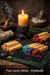 Palo santo sticks and resin dipped palo santo sticks arranged on a wooden altar table