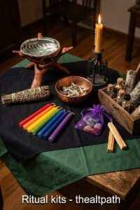 Ritual kits, a display of items included in ritual kits like candles, herbs, salts, oils and smudge sticks and crystals.