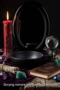 Scrying mirrors and scrying bowls made from black obsidian and dark stone