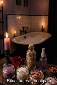 Ritual bath products with bath salts, herbs, and ritual blends for use in spiritual baths
