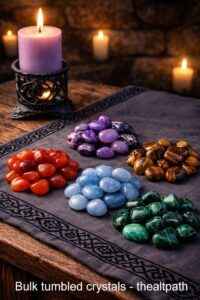 Bulk tumbled stones arranged on an altar table with candlelight