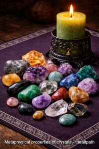 Metaphysical properties of crystals shown as mixed raw and tumbled stones on an altar table