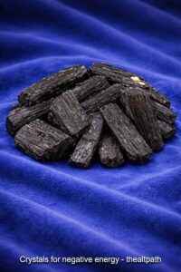 Buy crystals for negative energy online, black tourmaline stones on blue cloth