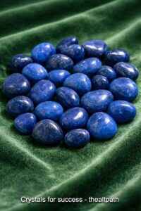 Crystals for success shown as tumbled blue onyx stones on light green cloth