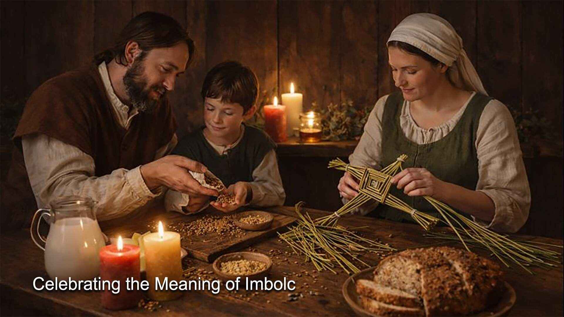 Family celebrating Imbolc by preparing seeds, baking bread, and weaving a Brigid’s cross by candlelight.
