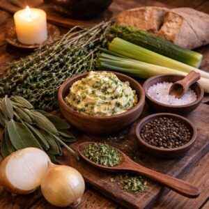 An image showing herbs and spices used in Imbolc foods, parsley, thyme, rosemary, leeks, onions, black pepper. 