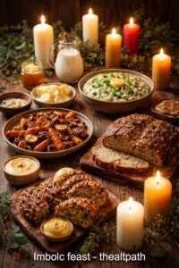 imbolc meaning image showing a feast to appreciate the return of warmth, the sun returns. Dishes of Colcannon, seed breads, barmbrack, and roasted vegetables.