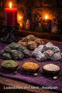 Lodestone for sale shown in three natural piles on a wooden altar