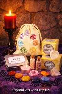 Shop crystal kits online with bundled gemstone sets displayed on an altar table