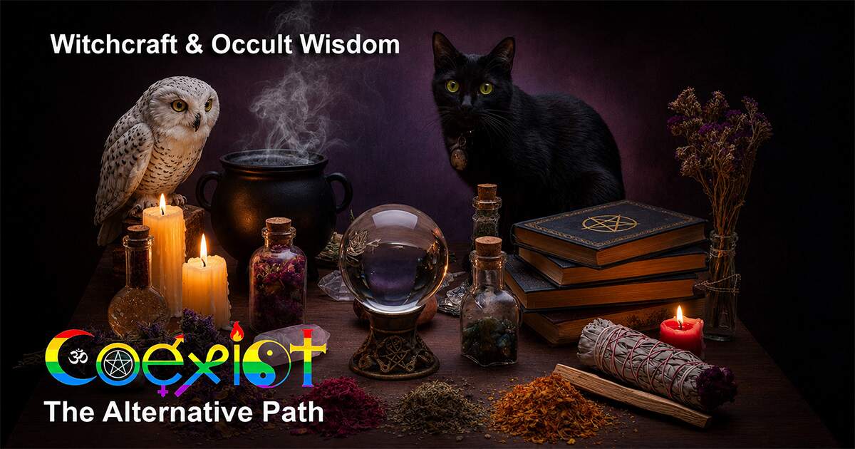 Witchcraft and occult wisdom altar with black cat, snowy owl, crystal ball, candles, occult books, herbs and ritual tools for a metaphysical blog and witchcraft blog